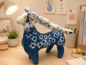 Handmade Deer Plush | Indigo Textile Art Doll | Stuffed Animal
